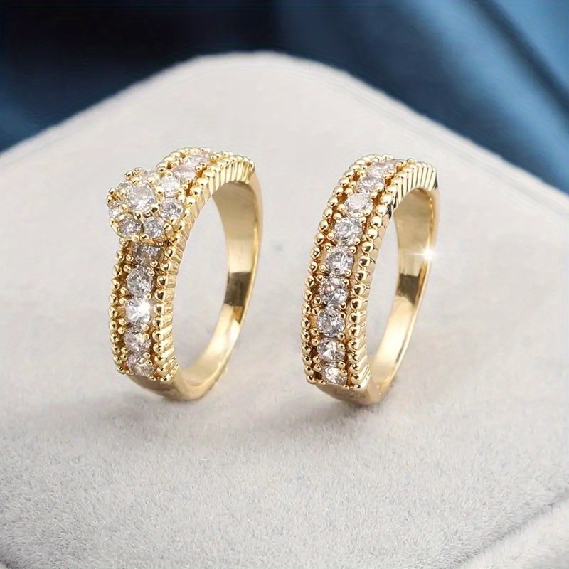 TEMU 2 Piezas De Elegantes Anillos Apilables Chapados En Oro De 18 Quilates Con Circonitas Brillantes Engastadas, Duplicados De Anillos De Compromiso