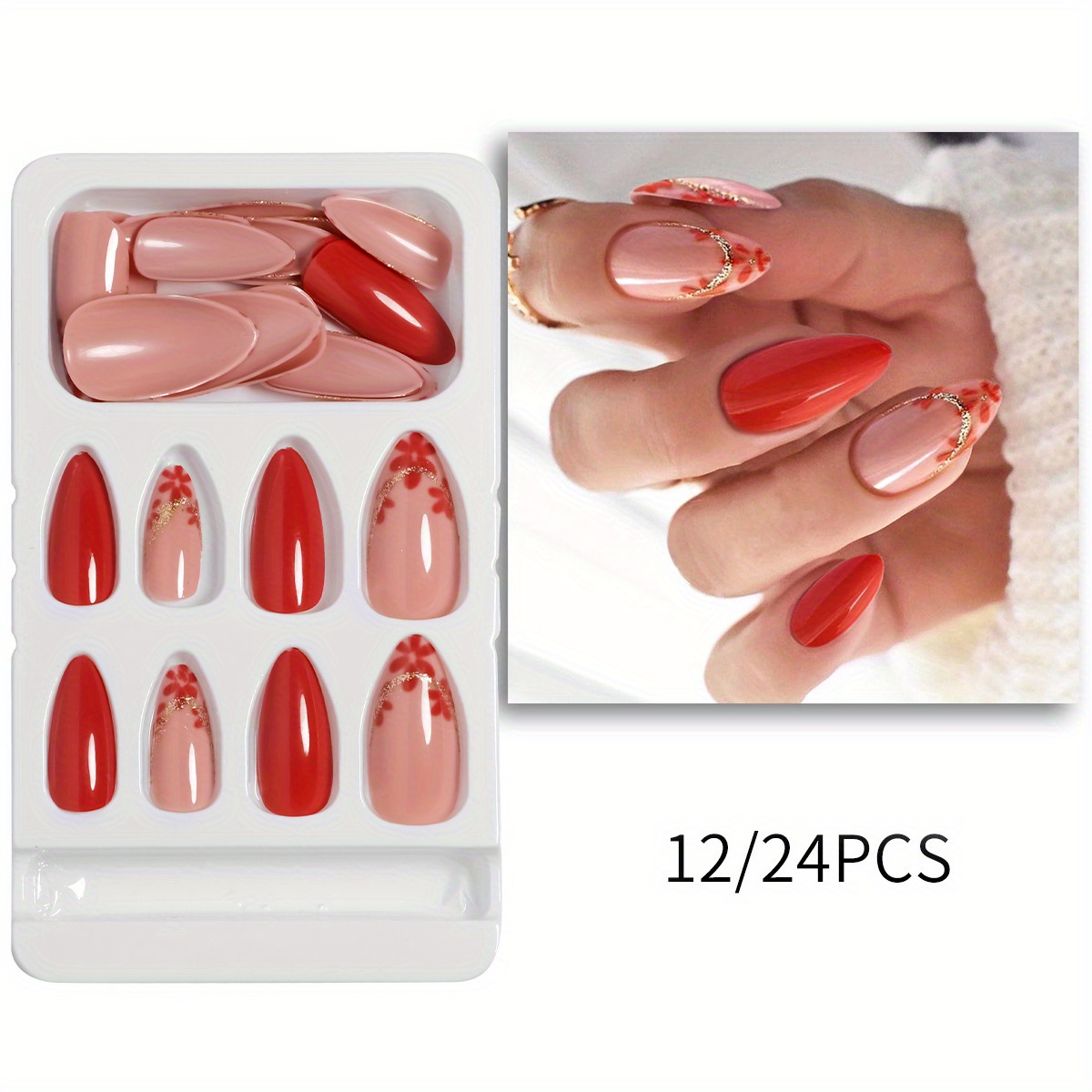 24pcs glossy medium almond fake nails red french press on nails with cute flower and golden glitter line design fashion false nails for women girls daily wear details 3