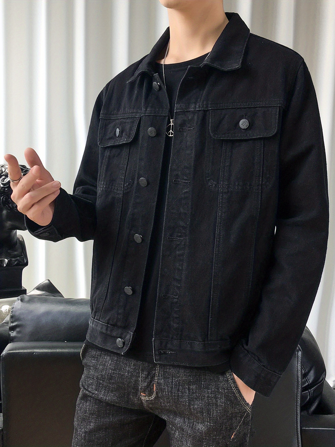 Men's Denim Jacket Coat Long Sleeve Loose Casual Jean Top