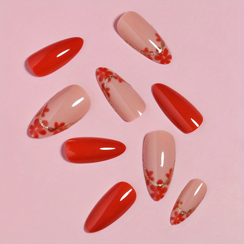 24pcs glossy medium almond fake nails red french press on nails with cute flower and golden glitter line design fashion false nails for women girls daily wear details 1