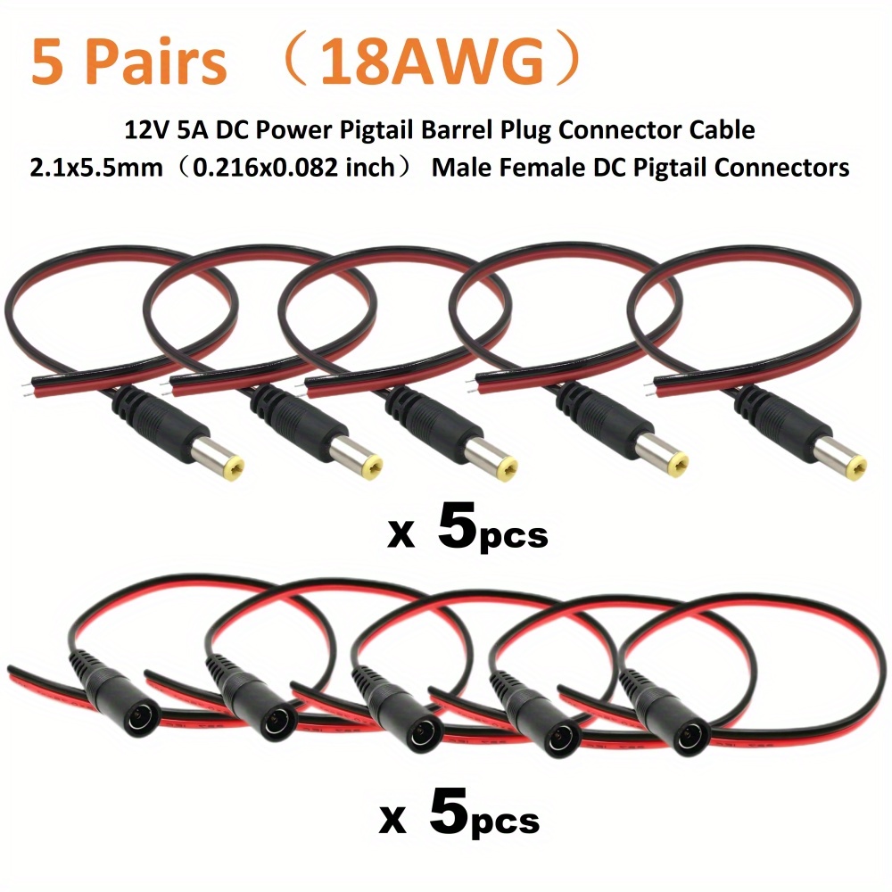 18awg 12v 5a Power Pigtail Barrel Plug Connector Cable - Temu