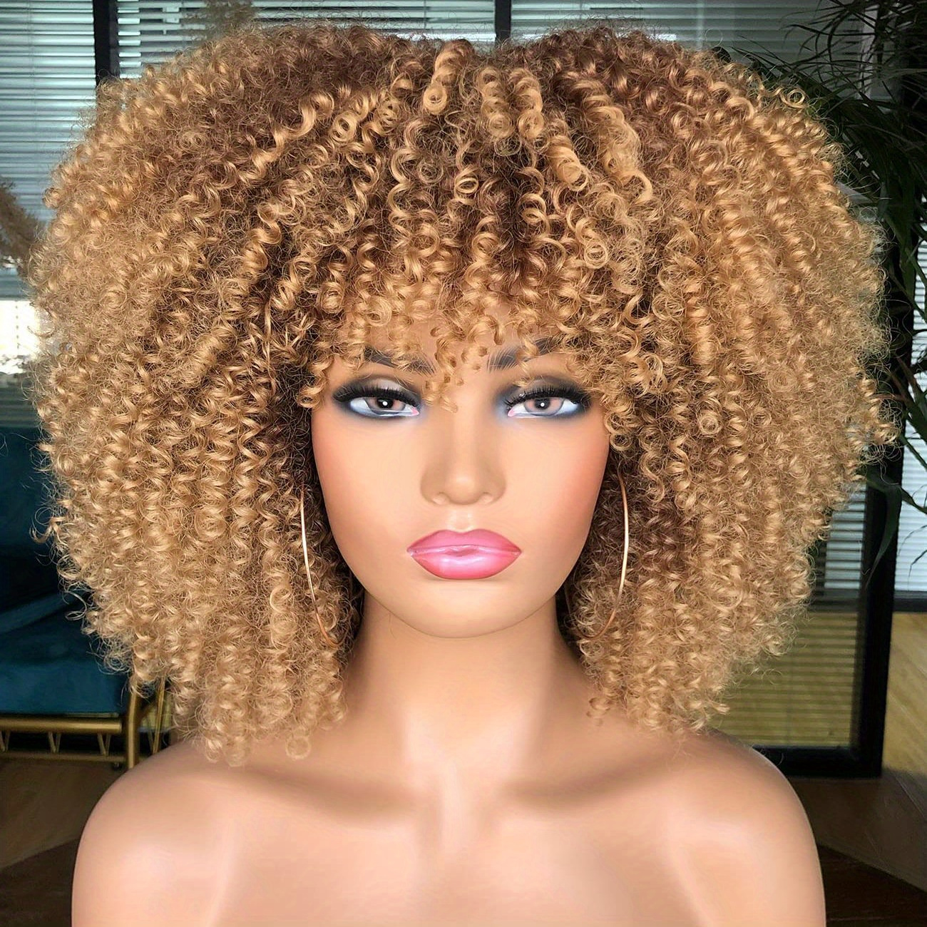Kinky Curly Human Hair Wig, 250 Density with Bangs
