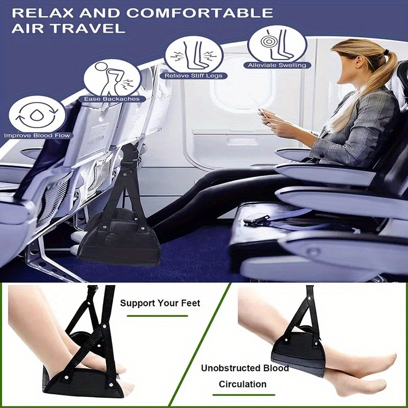 1 piece black travel portable foot hammock, adjustable desk foot pad  suitable for airplanes, offices and homes, reducing swelling, portable  travel foot hammock, resting footrest for airplanes, high-speed trains,  trains, commercial vehicles