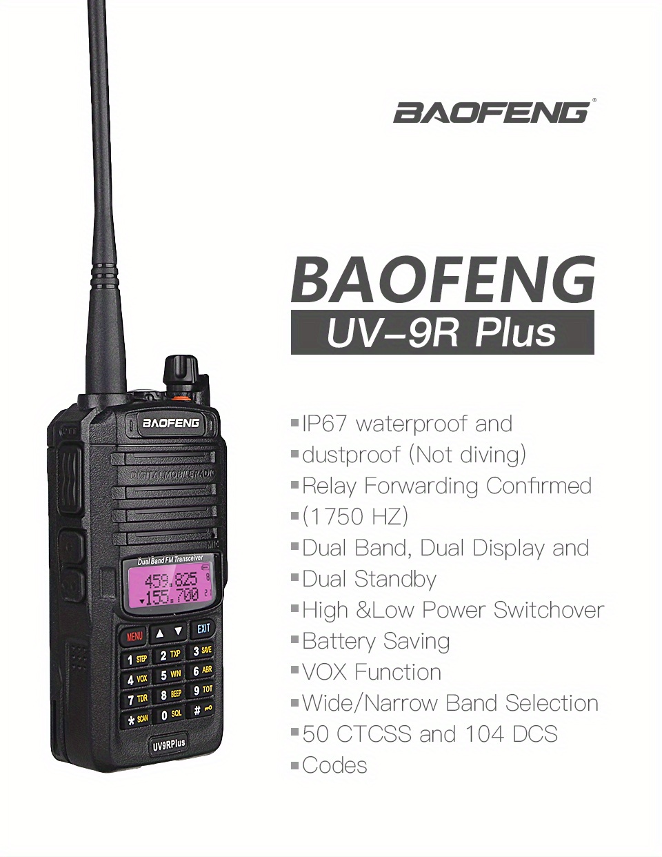 Baofeng UV-9R Plus Type-C Charge Rapide Universelle 10W IP67-IP68 Talkie  Walkie Étanche Haute Puissance CB Ham Longue Portée UV9R Radio