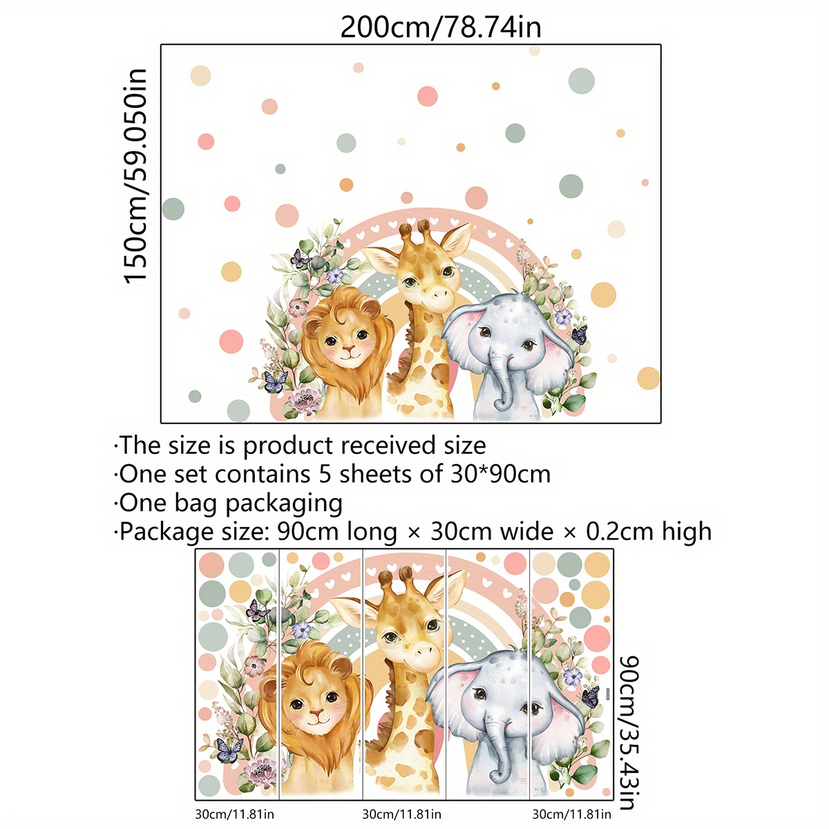 Image of 5pcs Large Cartoon Animals Lion Giraffe Elephant Rainbow Polka Dot Room Decoration Home Background Wall Decor Wall Stickers