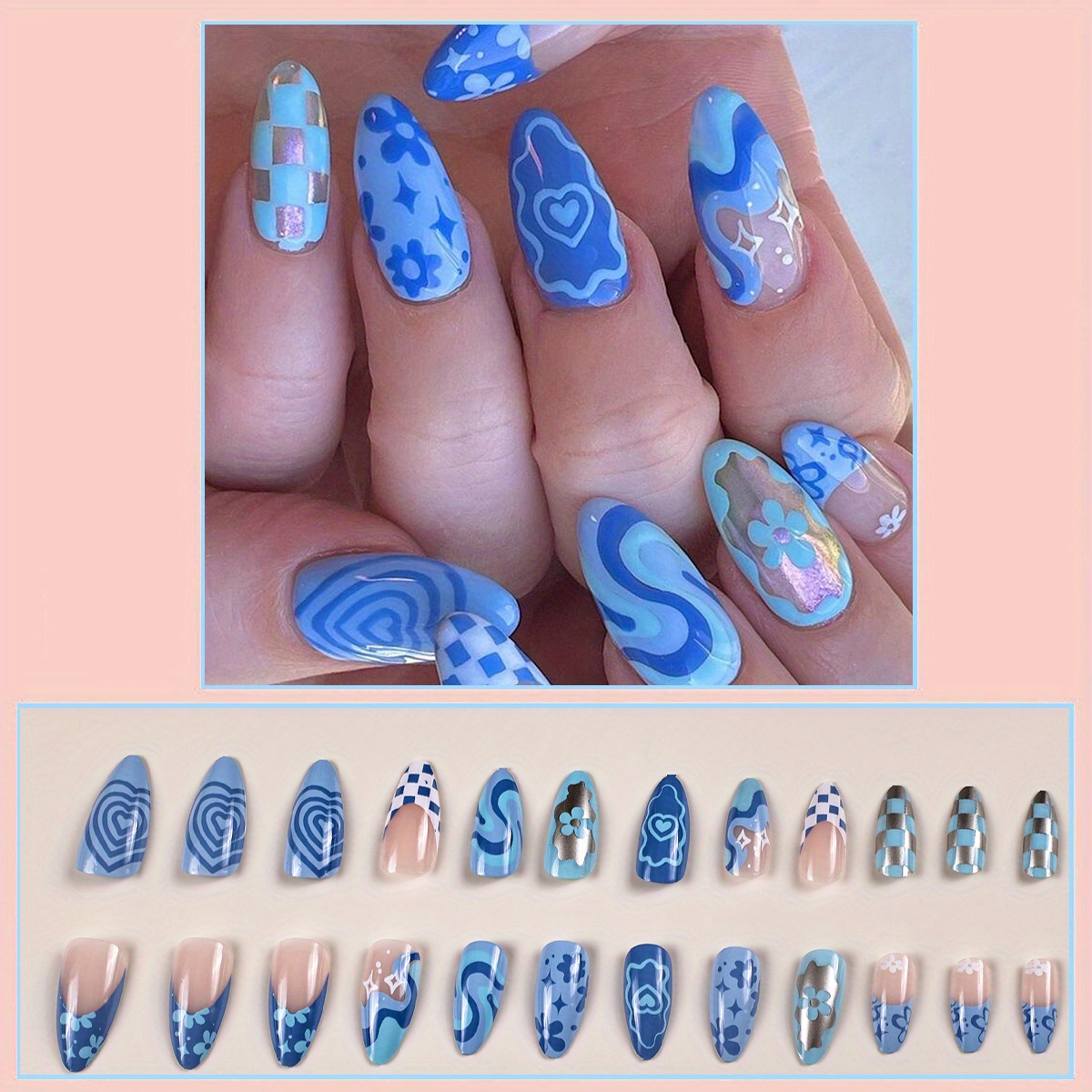 Buy Fake nails with charms blue pink clouds press on nails - Inspire Uplift