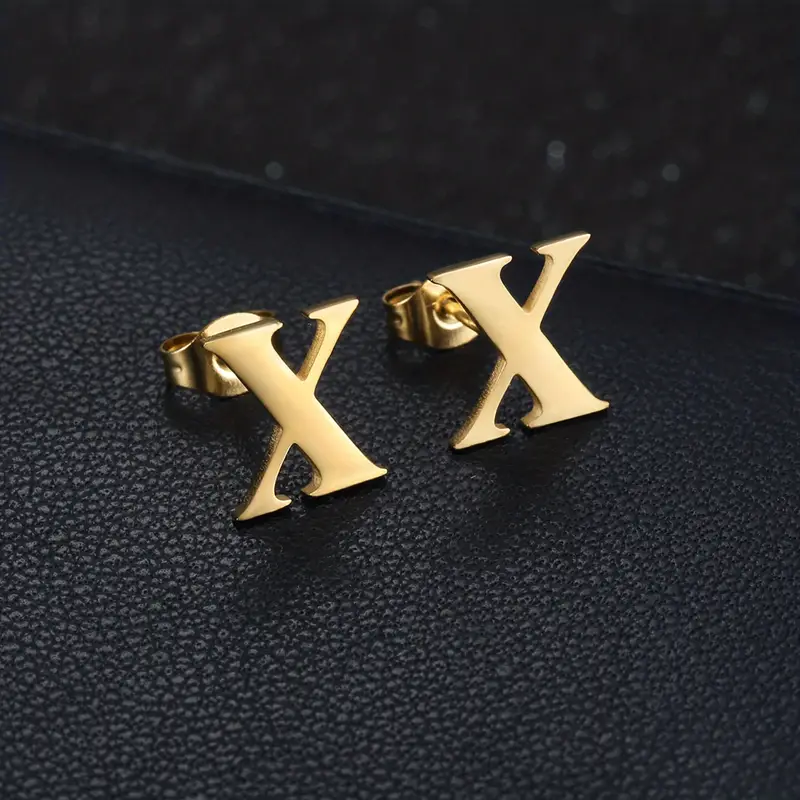 Men's Punk Golden Stud Earrings With Initial Letter Pattern