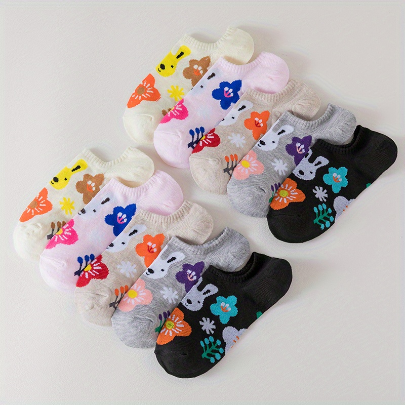 10 Pairs Girls Cartoon Rabbit Boat Socks, Breathable and Comfortable
