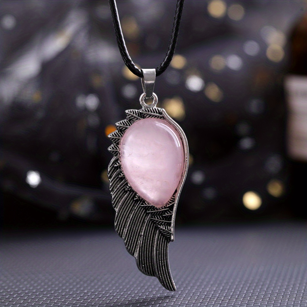 Men Women Natural Rose Quartzs Crystal Gem Stone Long Sword Hexagonal Prism  Cupid Angel Wings Pendants for Necklaces Love Gift