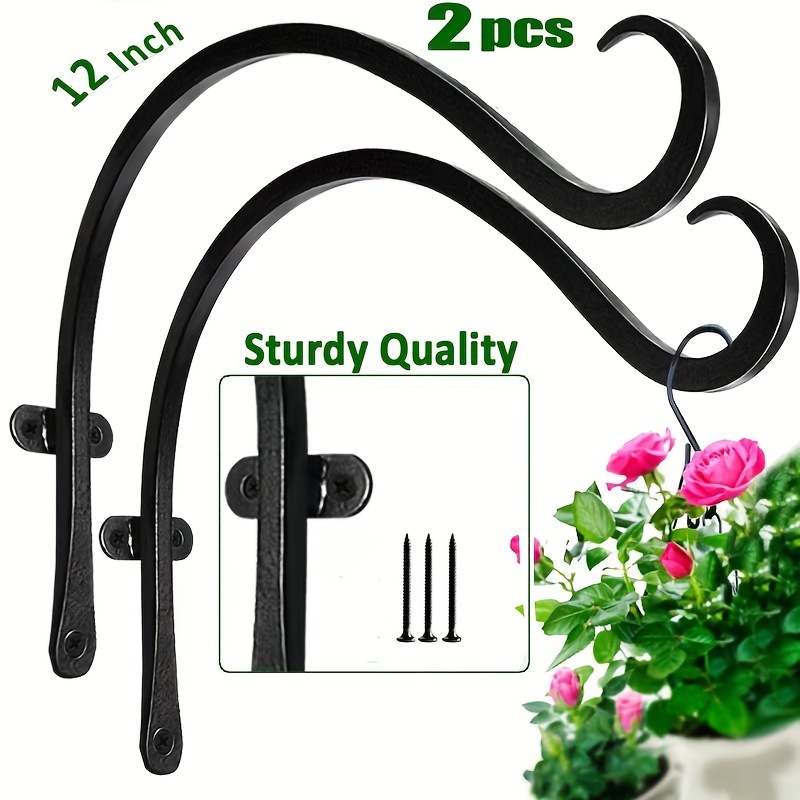 2pcs Hanging Plant Hanger Outdoor: 12-Inch Bird Feeder Wall Hooks - Black  Metal Plant Bracket Hook For Hanging Flower Baskets -Wall Hook Hanging Plant