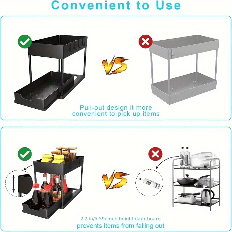 1pc under sink organizer with sliding drawer 2 tier sliding cabinet basket bathroom kitchen cabinet organizer with hooks storage cup home kitchen accessories details 5