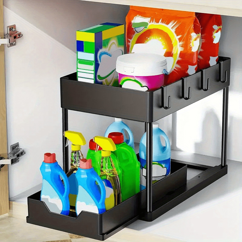 1pc under sink organizer with sliding drawer 2 tier sliding cabinet basket bathroom kitchen cabinet organizer with hooks storage cup home kitchen accessories details 1