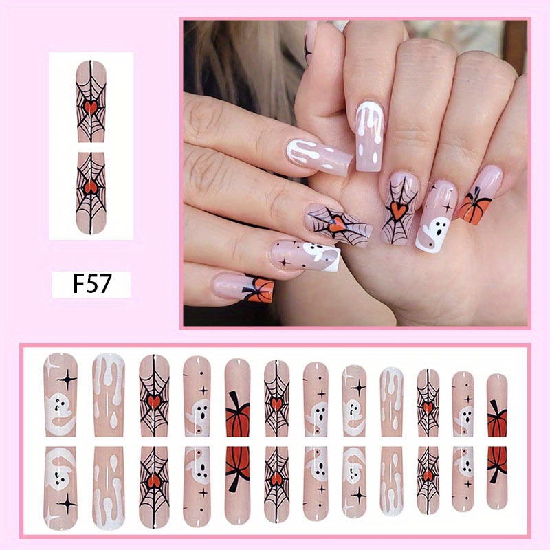  24 Pcs Long Coffin Fake Nails Halloween Press on Nails Cute  False Nails with Ghost Spider Web Moon Stars Designs Glossy Acrylic Nails  Full Cover Nude Glue on Nails Halloween Stick