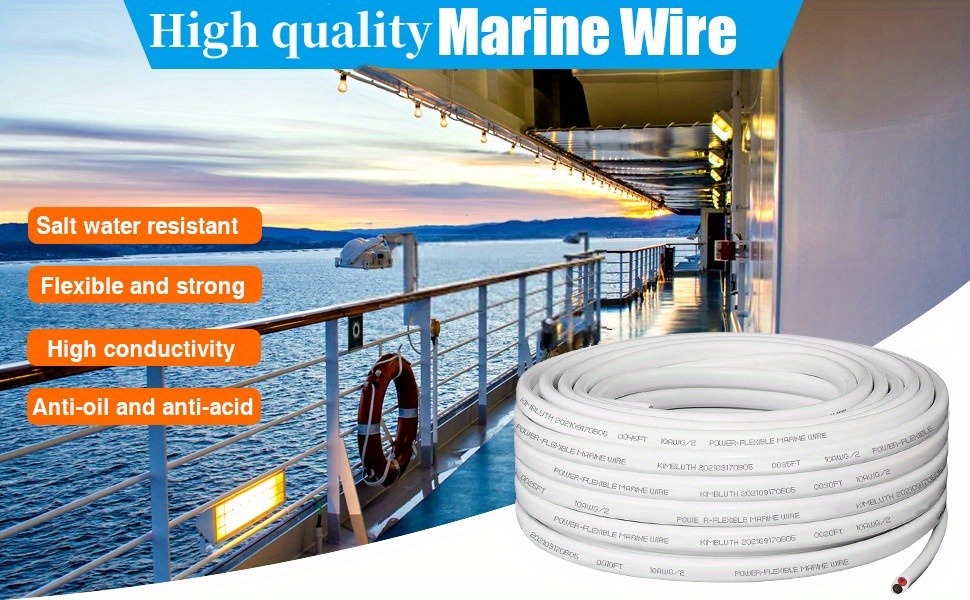 Kimbluth 8 Gauge Duplex Marine Wire Tinned Copper Boat Cable, 10ft 8 AWG Standard USA OFC Oxygen Free Copper Wire for Automotive Boat Speakers Solar