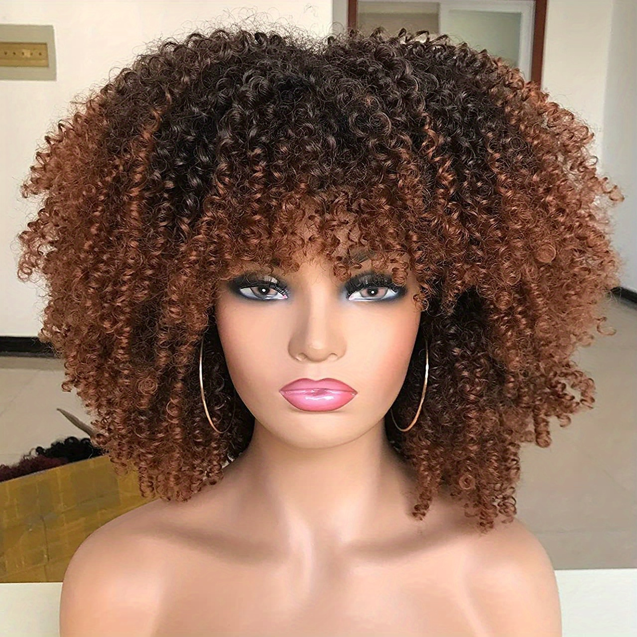 Kinky Curly Human Hair Wig, 250 Density with Bangs