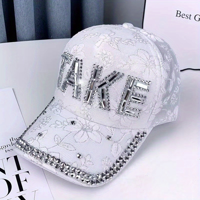 Baseball cap Women's Rhinestone Flower Adjustable Elegant White