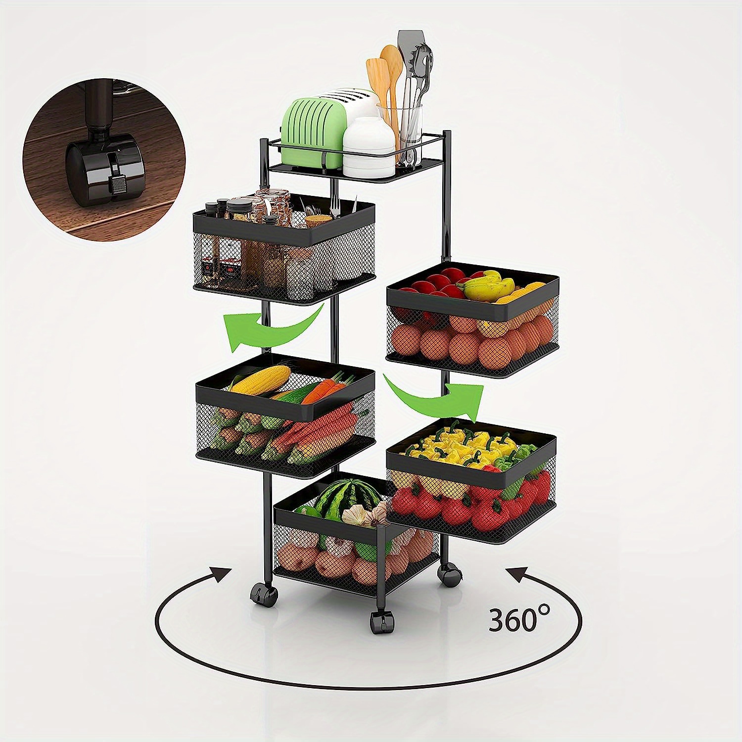 Kitchen Organizer Trolley Rotating Square Fruit Vegetables Basket