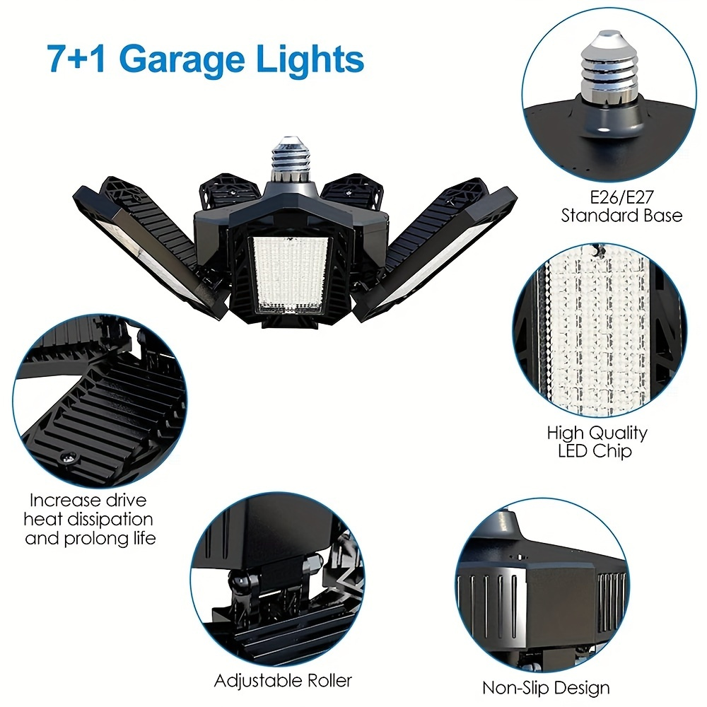 1 unit of Lumière de garage LED, 180W Lumière de garage LED avec 7+1  panneaux multi-positions, 18000LM 6500K E26/E27 Lumière de plafond LED  déformable