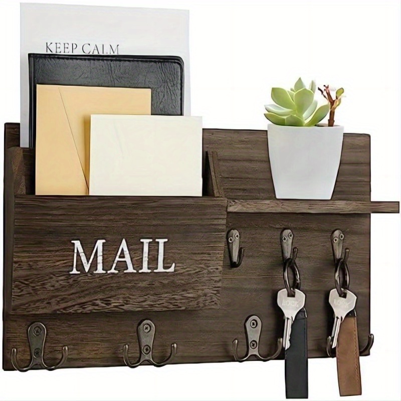 Natural Wooden Key Holder - Wall Mounted Mail Organizer and Key Hanger -  Rustic Farmhouse Entryway Shelf with 4 Double Hooks - Decorative Rack for  Car