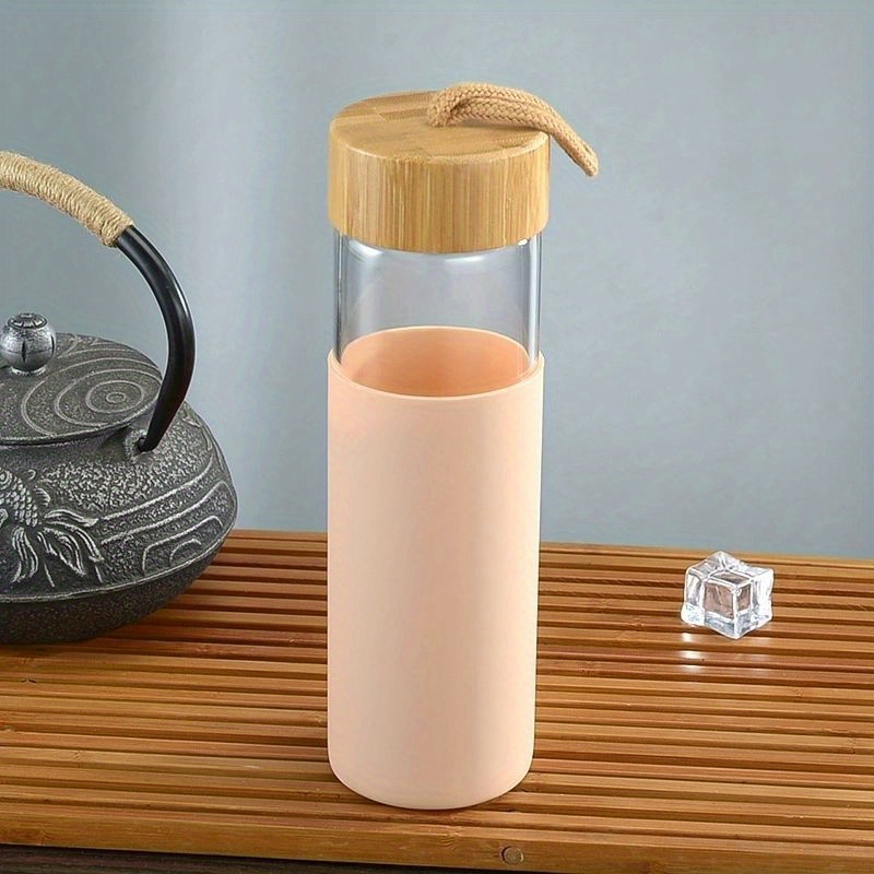 Botella de agua de vidrio de 500 ml con tapa de bambú y pajita, vaso de  agua de boca ancha, funda pr Ofspeizc LRWJ1031-4
