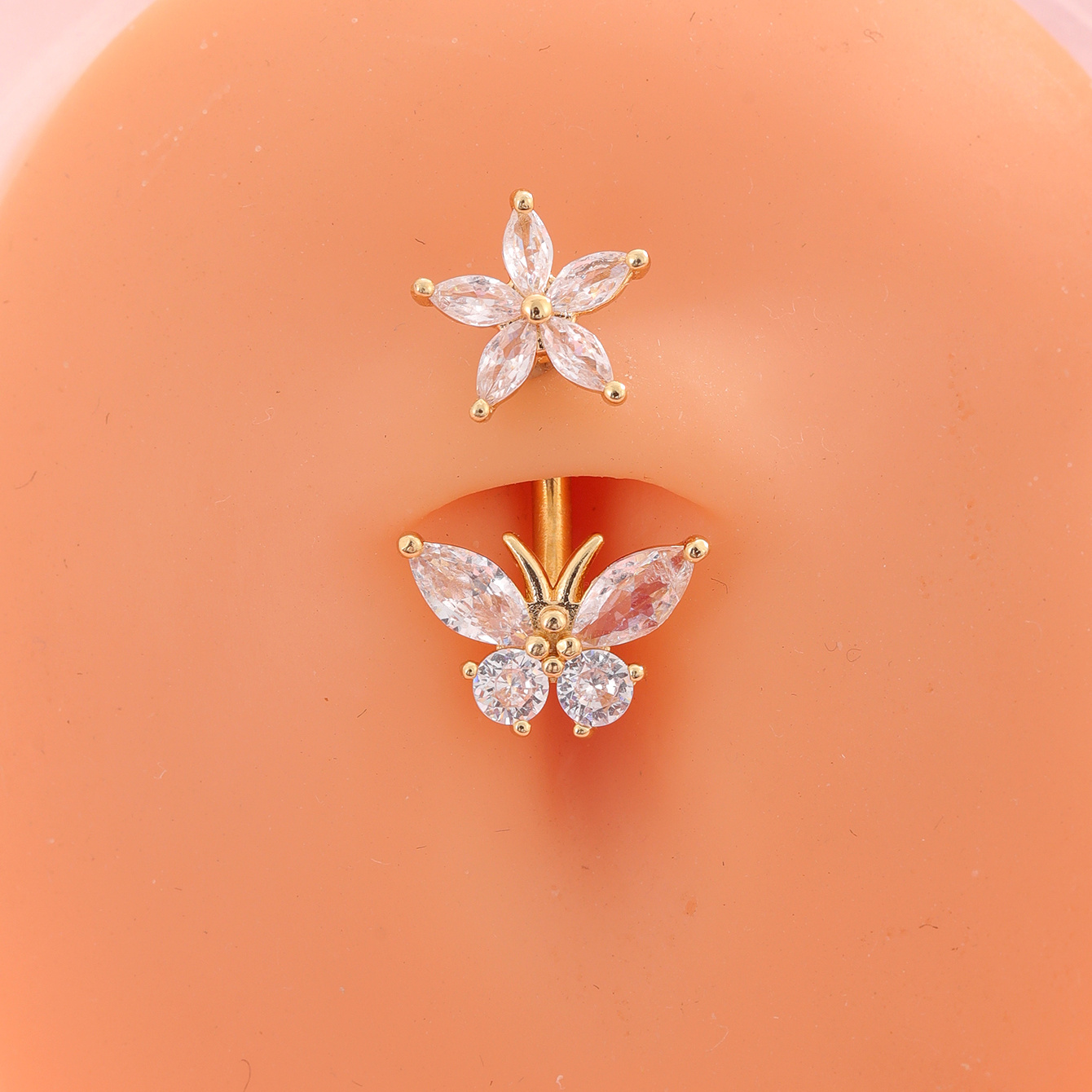 Image of A Five-pointed Copper Inlaid 's Eye Synthetic Zirconia Ladies Stainless Steel Rod Perforated Belly Ring Jewelry