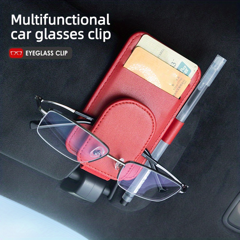 Sunglass Holder For Car, Magnet Sunglasses Holder For Car, Faux Leather Car Sunglass Holder, Sunglass Clip For Car Visor With Storing Glasses Cards details 1