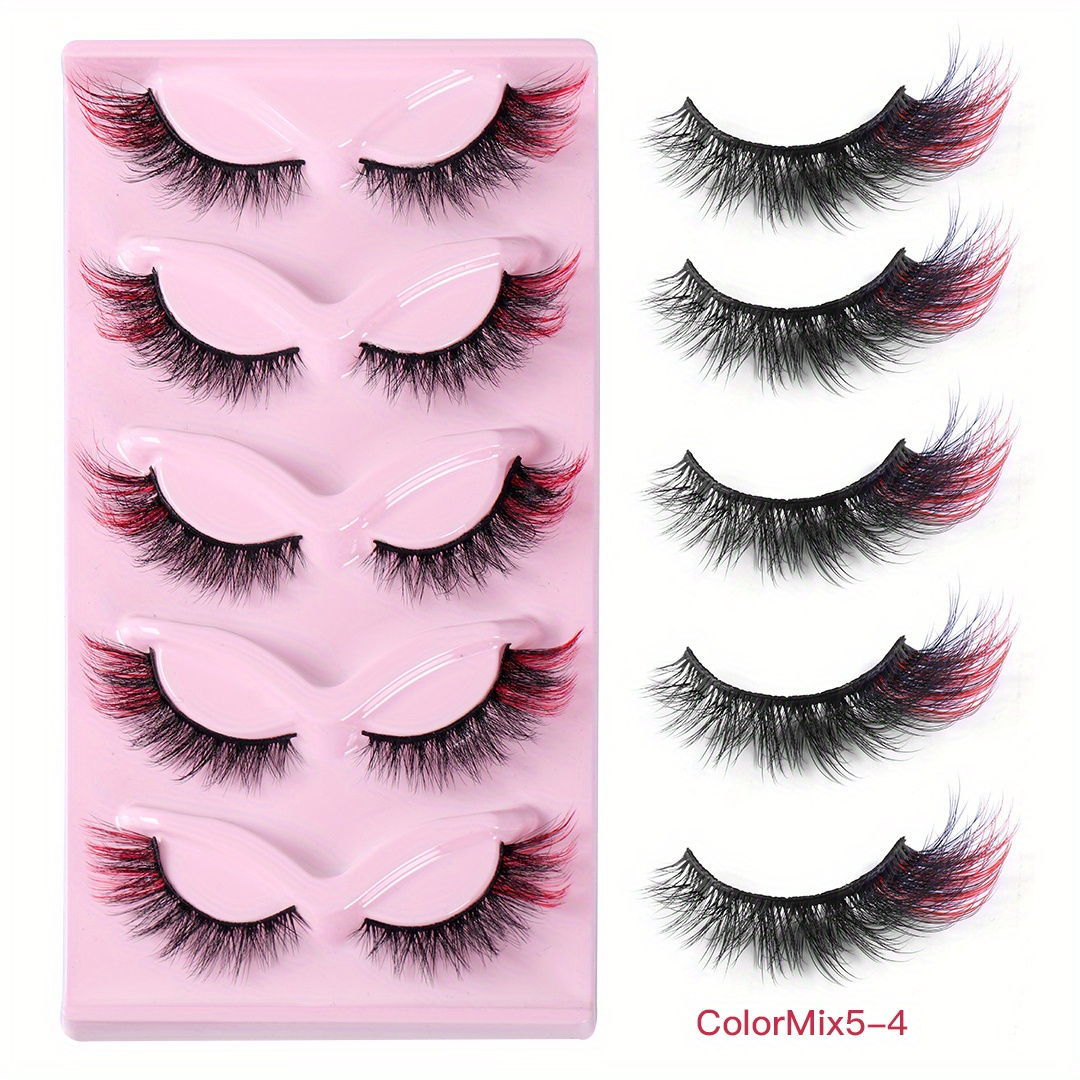 5 Pairs Red Purple Fluffy Wispy Colored Lashes 18MM 8D Faux Mink Eyelashes