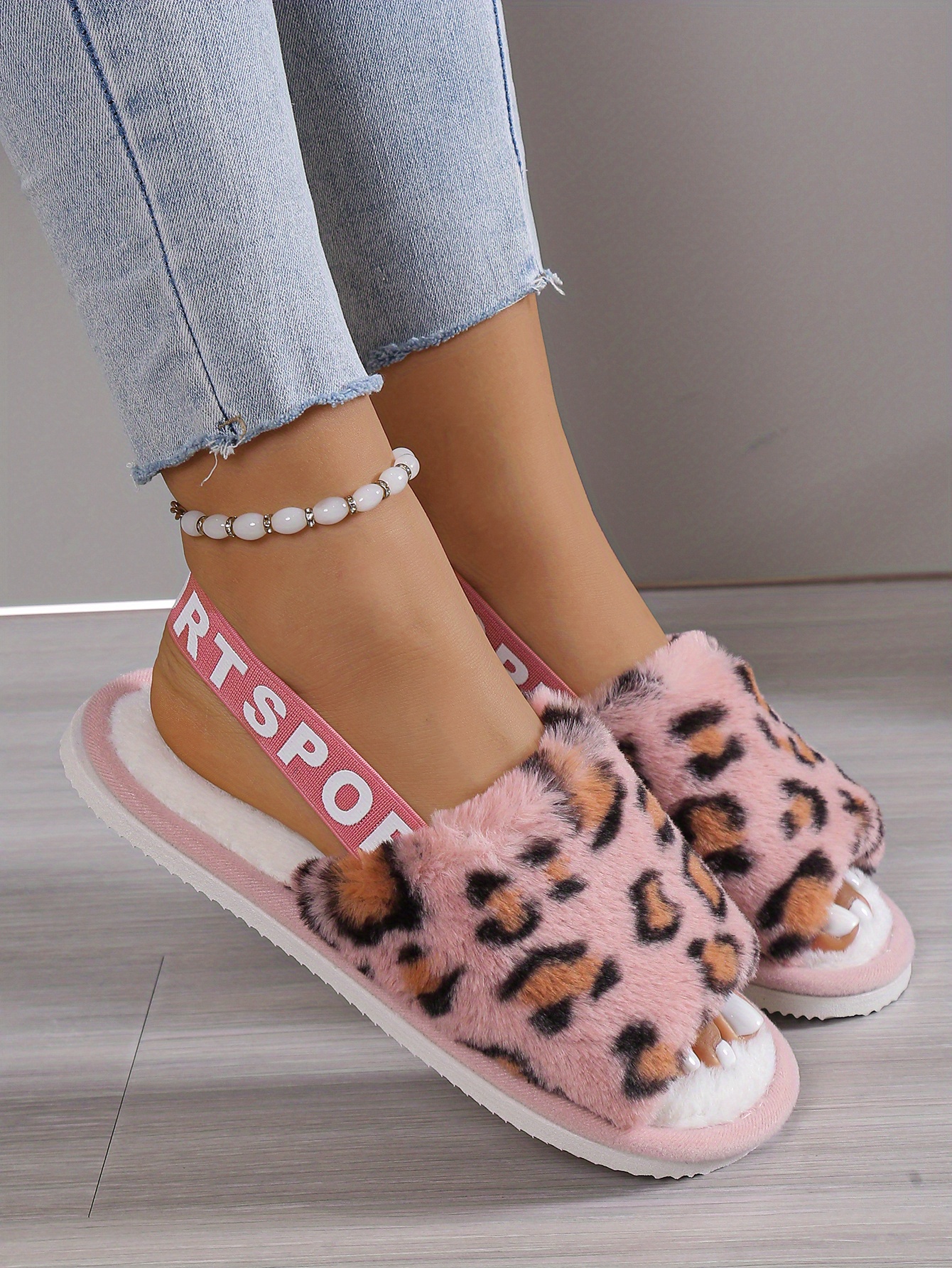 Leopard Print Fuzzy Flat Slippers Open Toe Elastic Strap - Temu Australia