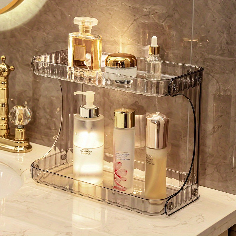 Organiseur de salle de bain à 2 niveaux avec doublure transparente, plateau  de parfum, organiseurs de maquillage et rangement ou étagère à épices de