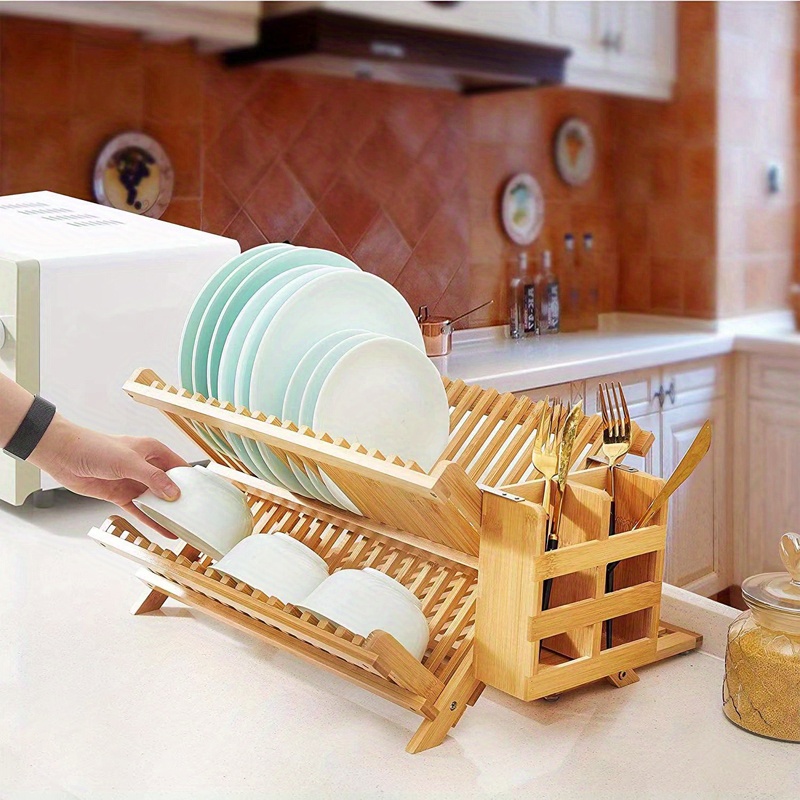 Dish Rack Drying Rack Collapsible Compact Plate Organizer Bamboo