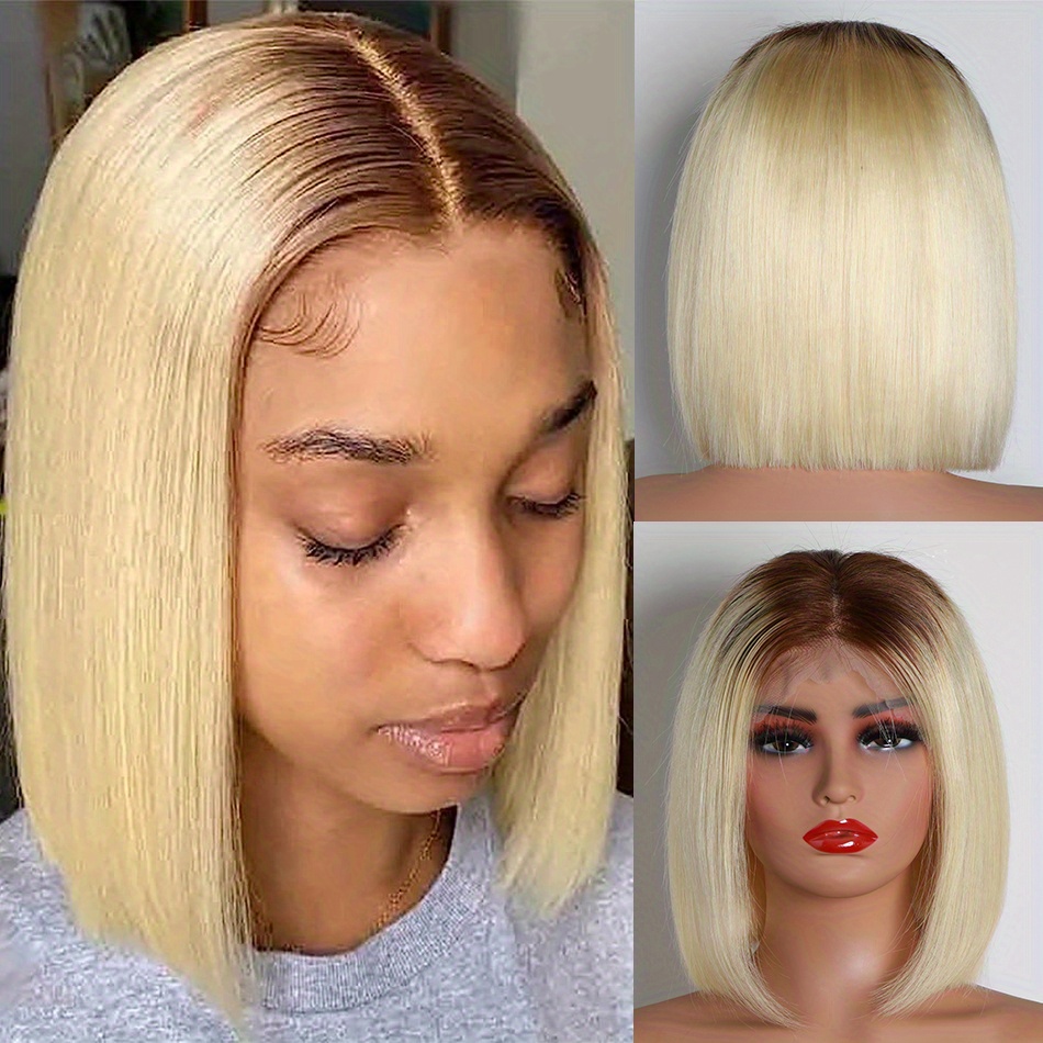 180 Density T4 613 13 4 Lace Front Human Hair Wig Straight Short Bob Wig For Women And Girls Brazilian Virgin Hair Ombre Blonde Color Pre Plucked Glueless Wig Easy To Style