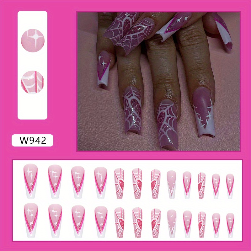  24 Pcs Pink Halloween Press on Nails Medium Length Fake Nails  White French Tip False Nails with Spider Web Design Coffin Nail Tips Cute  Glue on Nails Halloween Nails Fall Press