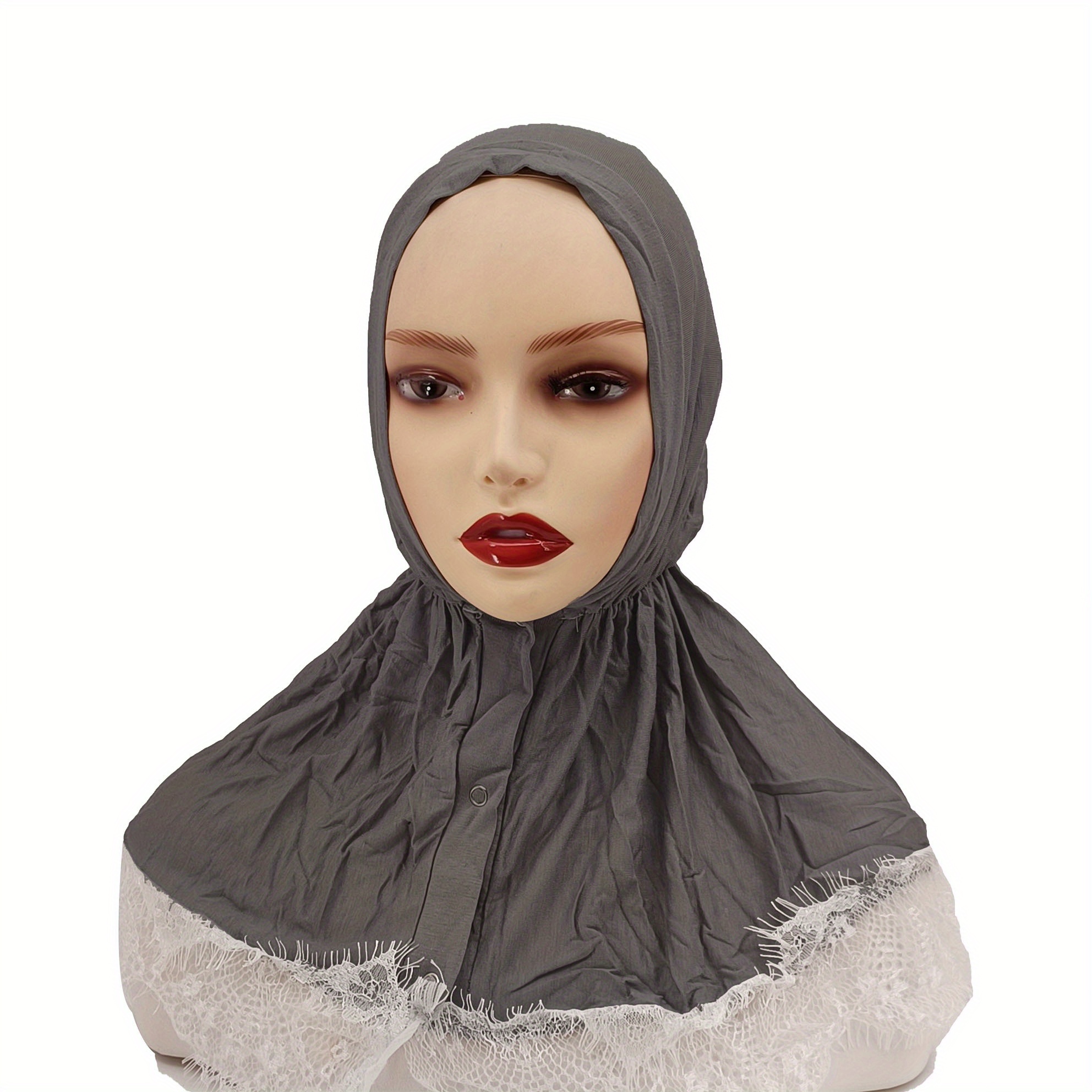 Lace Hijab Snap Button Head Scarf Women Solid Turban Elastic Ramadan