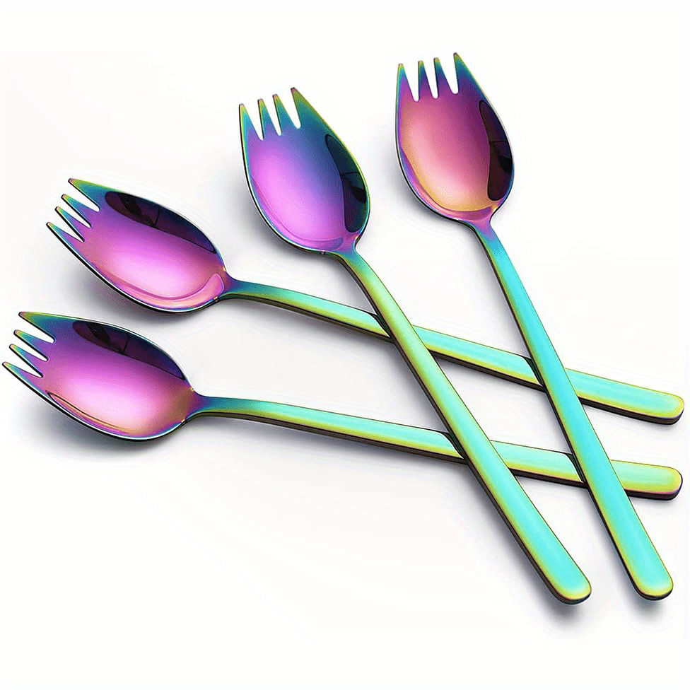 Image of 4pcs Stainless Steel Spork Set, 7.4-inch Long Handle Dessert And Salad Forks, Metal Flatware For Everyday Use - Includes Ice Cream And Appetizer Spoons In Silvery Or