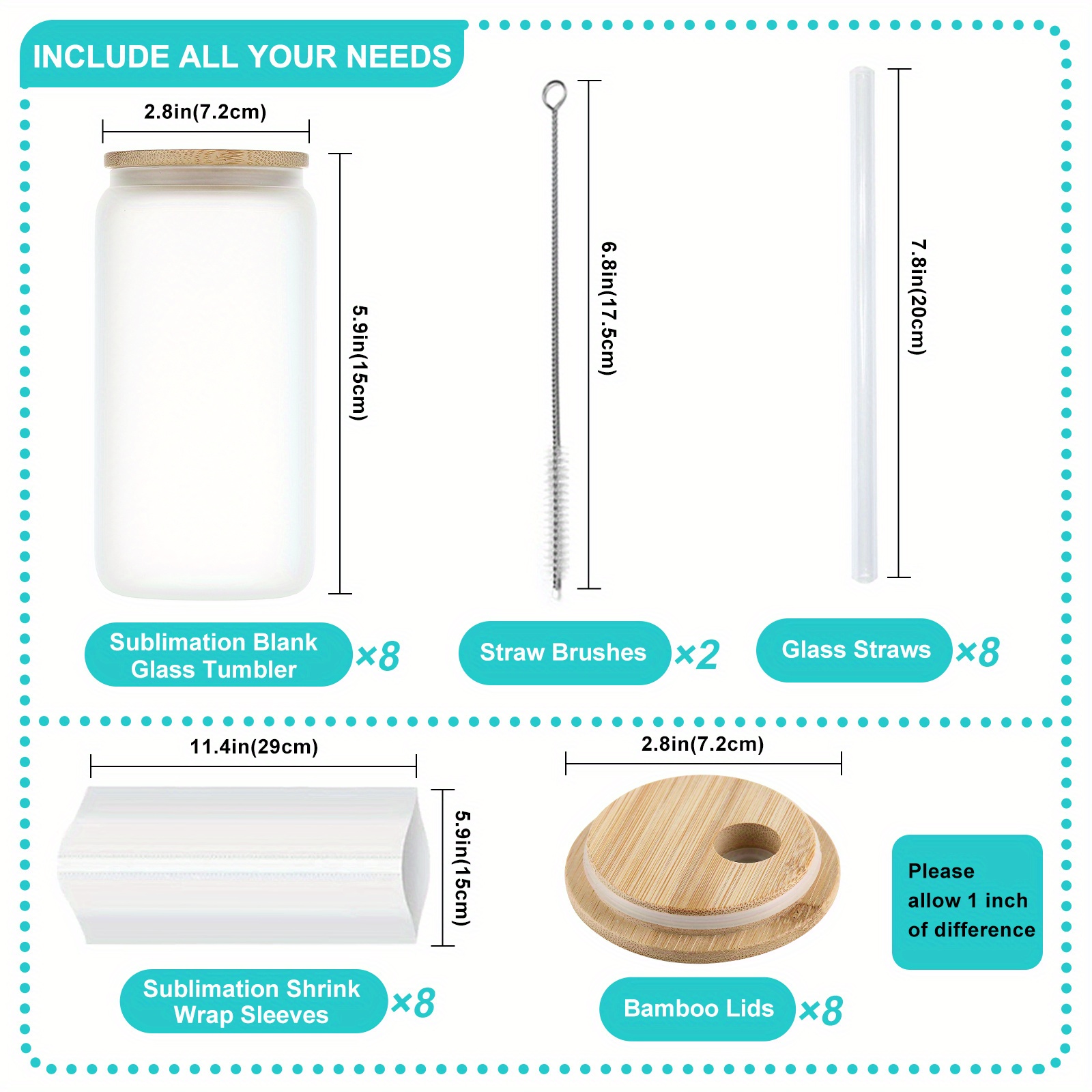 Blank Sublimation Glass with Bamboo Lid and Glass Straw Case Free
