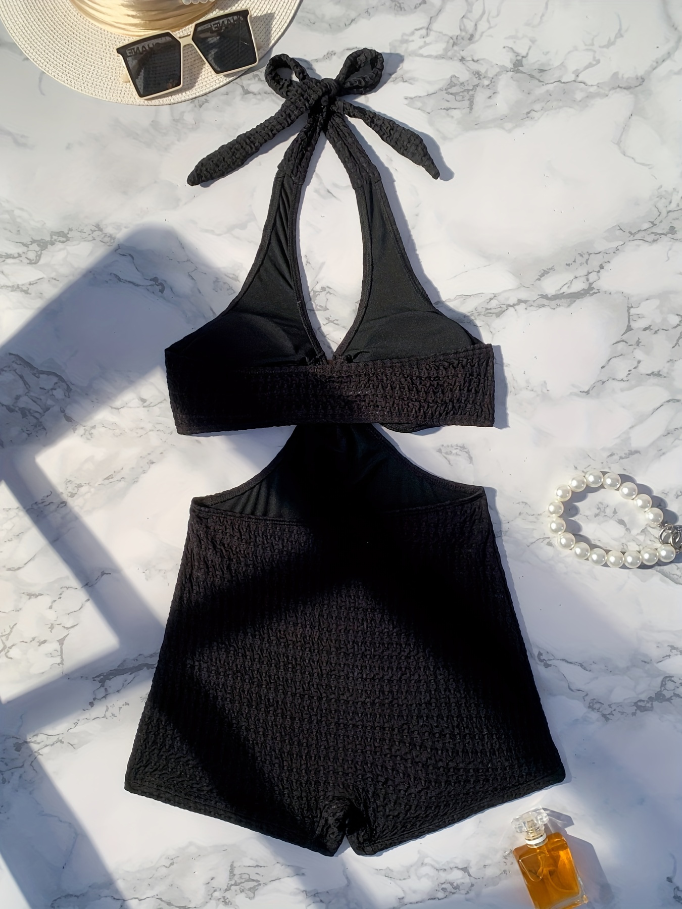 Black Ruched One Piece Swimsuit, Halter V Neck Cut Out Highstretch