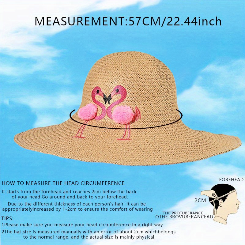 Flamingo Embroidered Straw Hat With Pom Poms, Wide Brim Breathable  Sunscreen Sun Hat For Adult