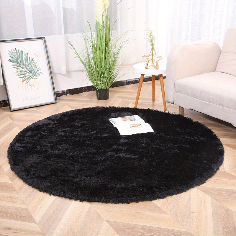 Tapis rond noir pour chambre à coucher, tapis rond moelleux de 4