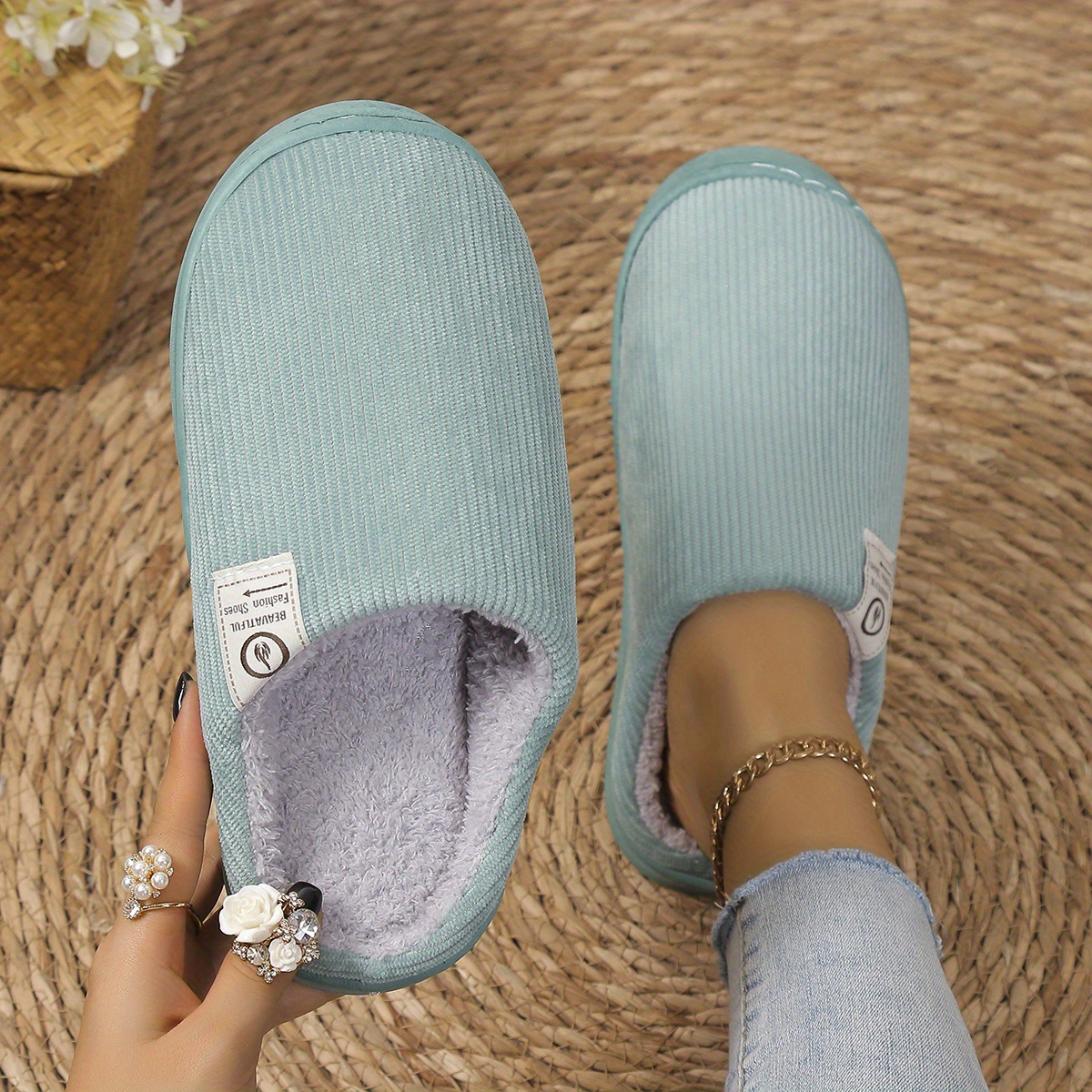 Corduroy Side-logo Slippers For Women, Autumn/winter Indoor/outdoor Wear, Non-slip And Warm Slippers, Women Shoes
