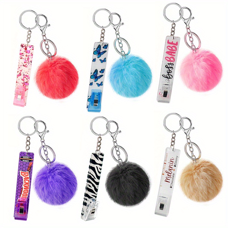 1pc Credit Card Puller Card Grabber Card Clips for Long Nails ATM Keychain Y2K Cute Pom Pom Decor Keychain for Girls Women,Temu