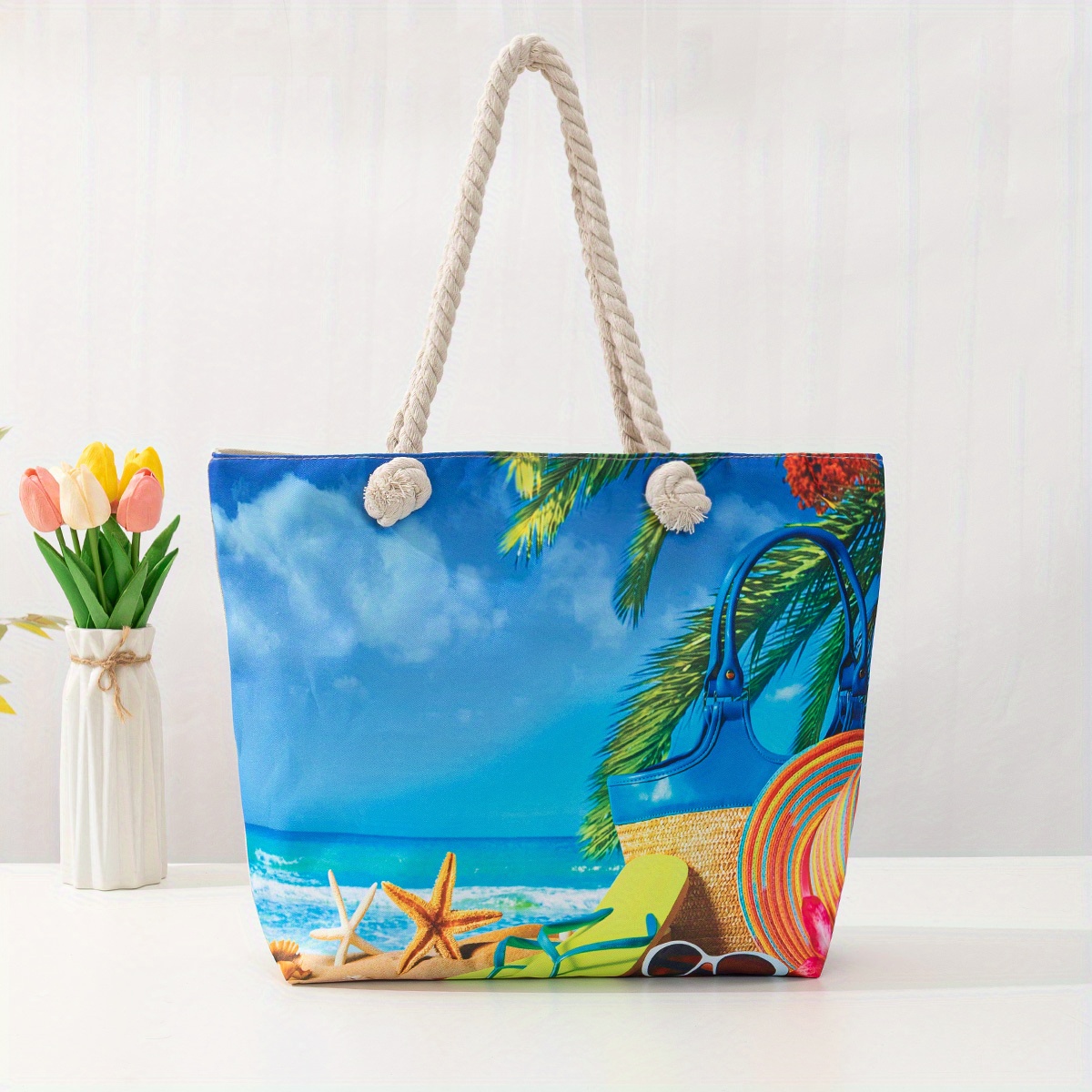 TEMU Ethnic Style Beach Tote Bag With Double Handles For Women - Fashionable And Spacious Bag For Beach Essentials