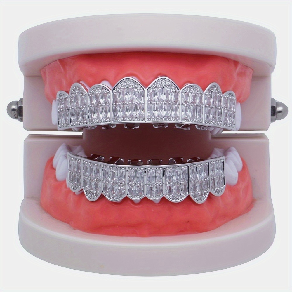 18k Gold Unisex Luxury Teeth Grillz With 8 Square Pave Cz Temu