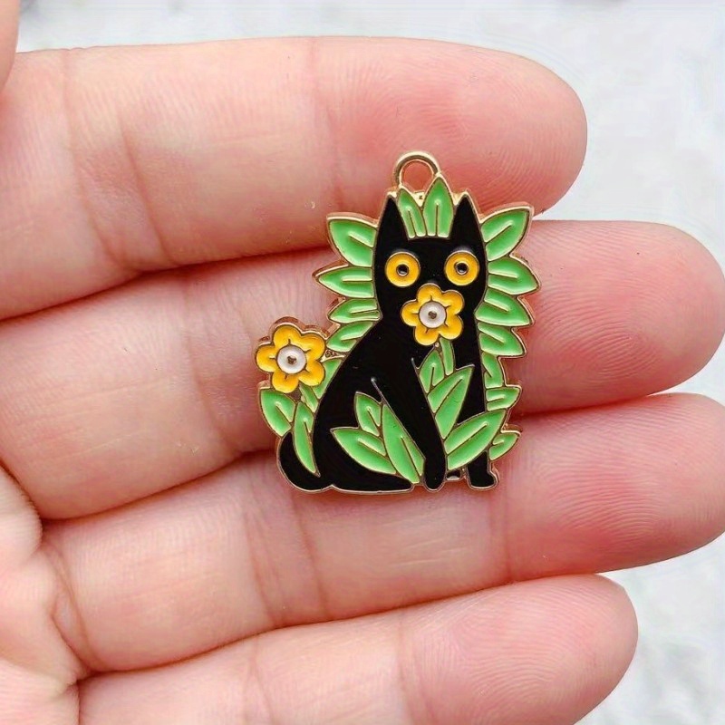 Enamel Flower Cat Charms For Jewelry Making Craft Necklace Pendant