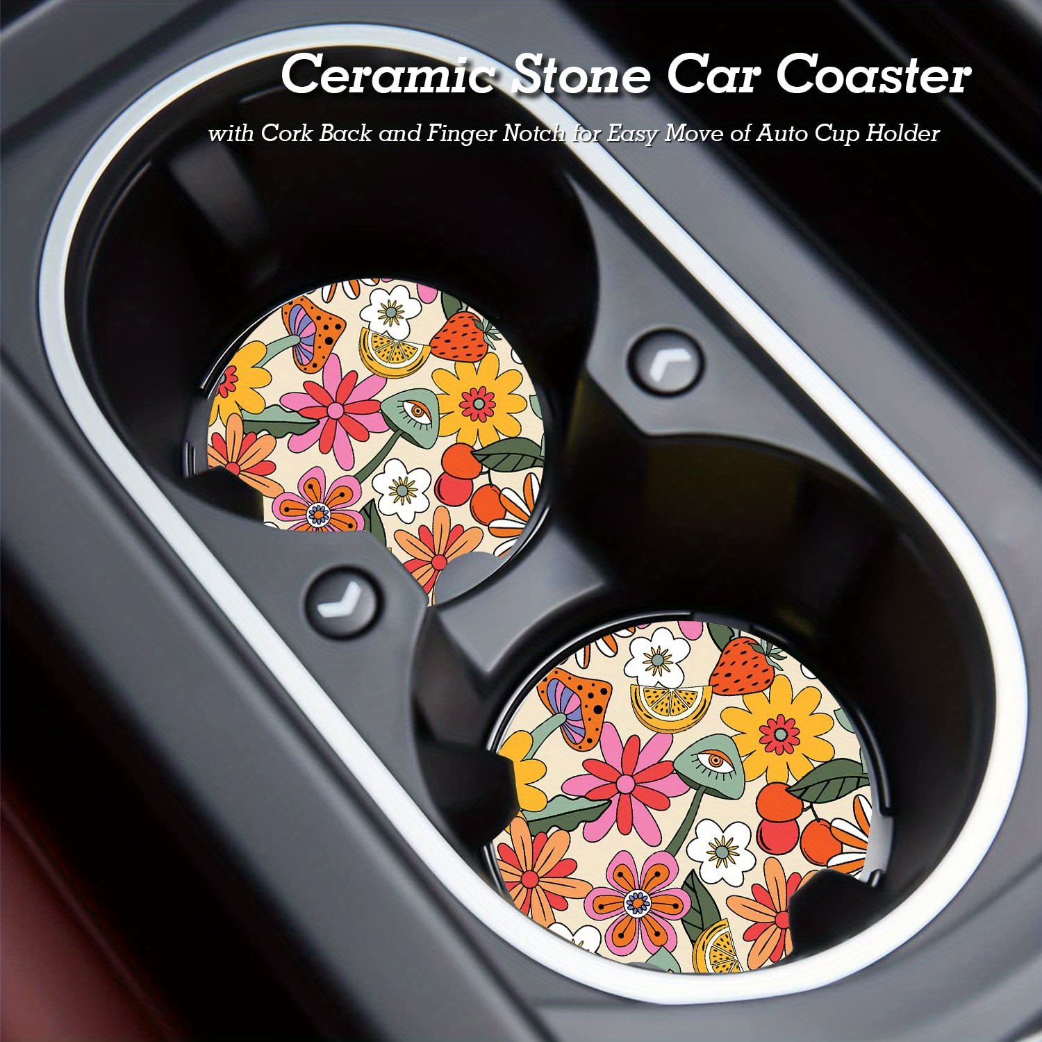 Boho Car Cup Holder HP29 Coasters, Fun Hippie Car Accessories Interior  Aesthetic for Women/Girls, Cute Retro Car Decoration Gifts (Flower) 