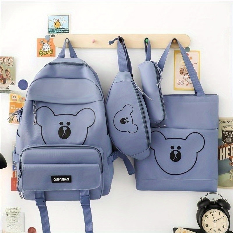 Cute Kawaii Backpack 4Pcs Canvas Backpack Give away bear pendant Pencil  Pouch Shoulder Bag Lunch Bag for Girls Boys (Red)