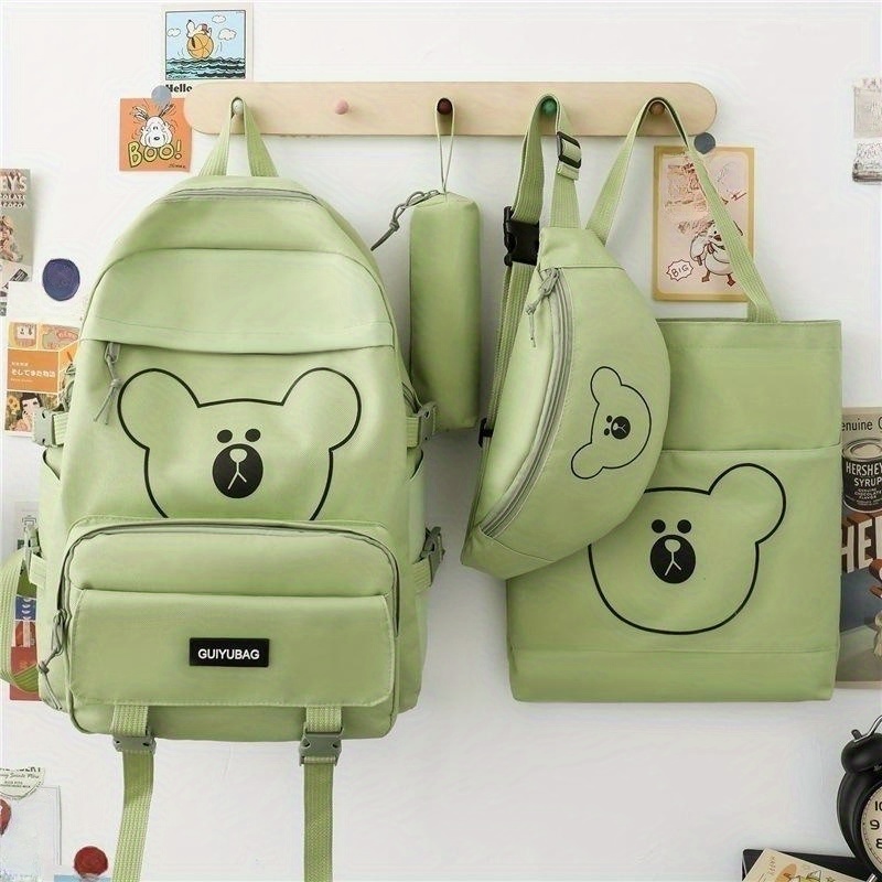 Cute Kawaii Backpack 4Pcs Canvas Backpack Give away bear pendant Pencil  Pouch Shoulder Bag Lunch Bag for Girls Boys (Red)