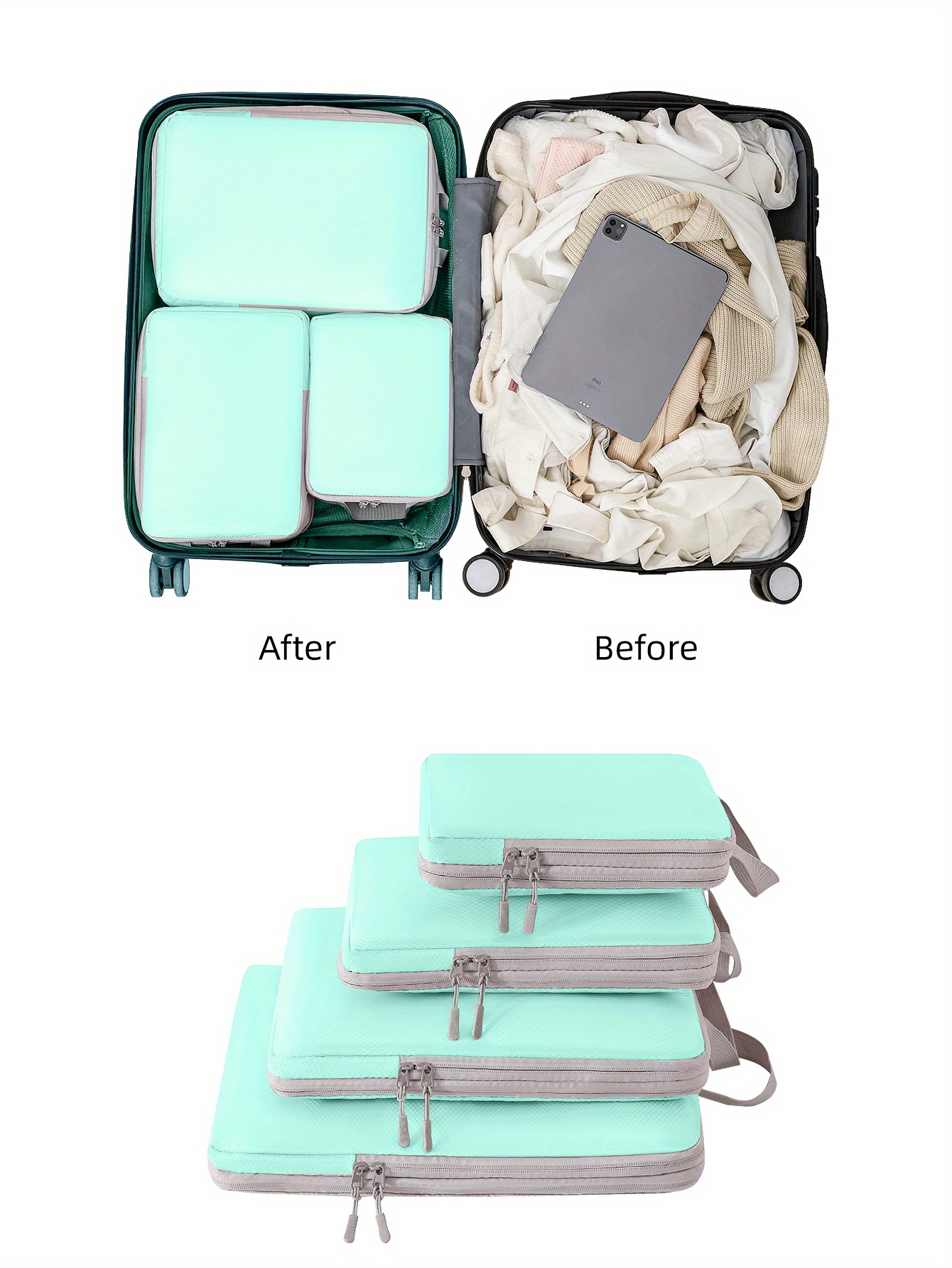 Комплект от 4 броя органайзери за компресиране на багаж, леки пакети от дакрон, чанти за съхранение на дрехи, бельо и обувки за пътуване детайли 3