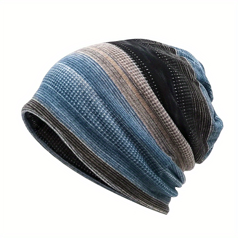 Image of Unisex Casual Striped Knit Beanie Hat - Soft Stretchy, For Outdoor Cycling & Casual Attire, Hand Washable