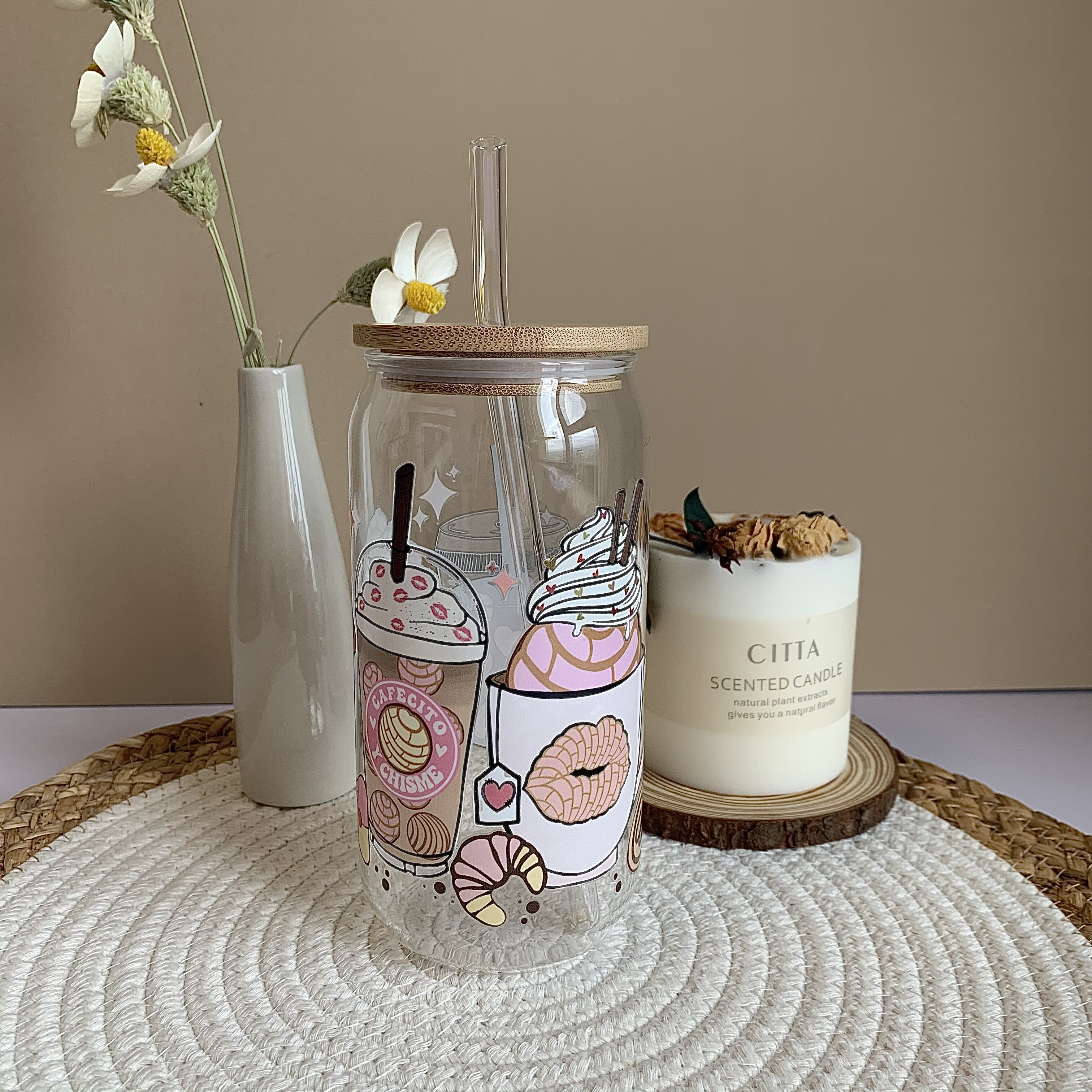 Floral Glass Coffee Cup, Garden Glass Iced Coffee Cup with Bamboo