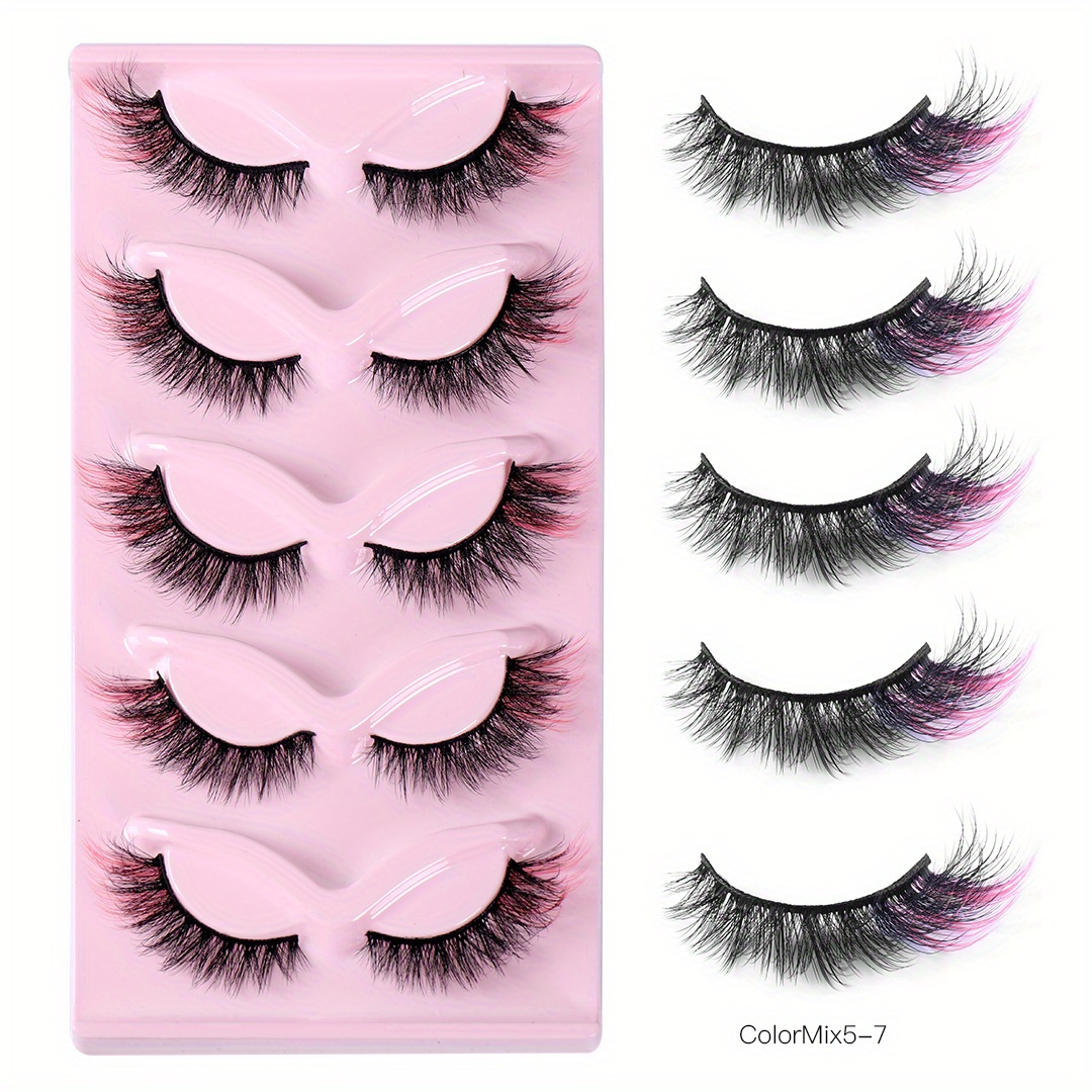 5 Pairs Red Purple Fluffy Wispy Colored Lashes 18MM 8D Faux Mink Eyelashes